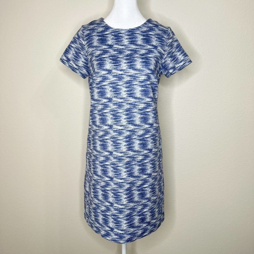 LOFT Petite Blue & White Abstract Striped Short Sleeve Knit Shift Dress Sz 2P